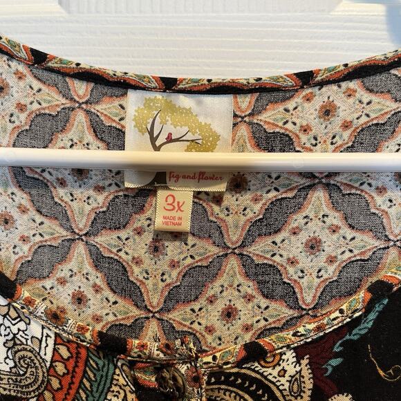 Fig and Flower Blouse Womens 3X Paisley Boho Tunic Henley 3/4 Sleeve Pockets - Picture 5 of 11